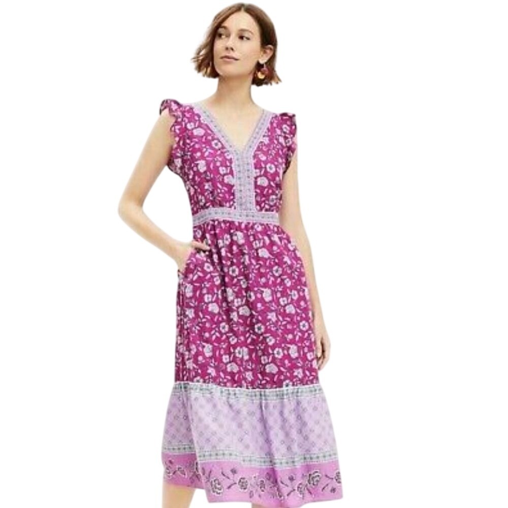 Loft Size 10 Dress Flutter‎ Sleeve Tiered Ruffle Border Pink Purple Floral